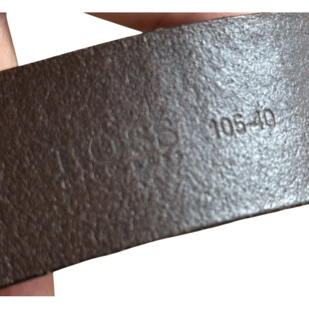 VTG 90s Hugo Boss Embossed Leather Belt Brown Logo Print Silver Buckle Sz 105-40